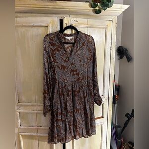 Brown Printed Long Sleeve Tiered Midi Dress